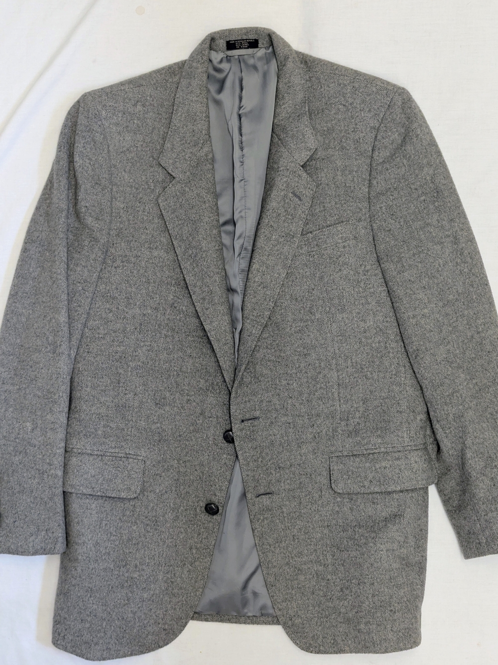 Men's Camel Wool Vintage Blazer Grey Herringbone 42 L Leather Buttons